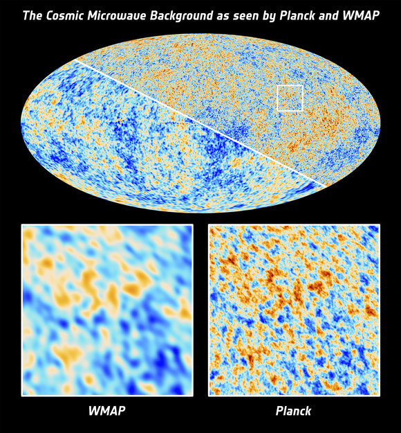 ESA�s comparison of the previously accepted image of the CMB and the March 2013 one from the satellite.